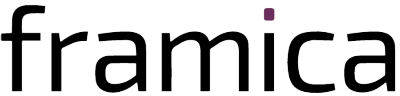 Słowo framica jest napisane małymi, czarnymi literami na jasnym tle, z małym fioletowym kwadratem po kropce nad i.